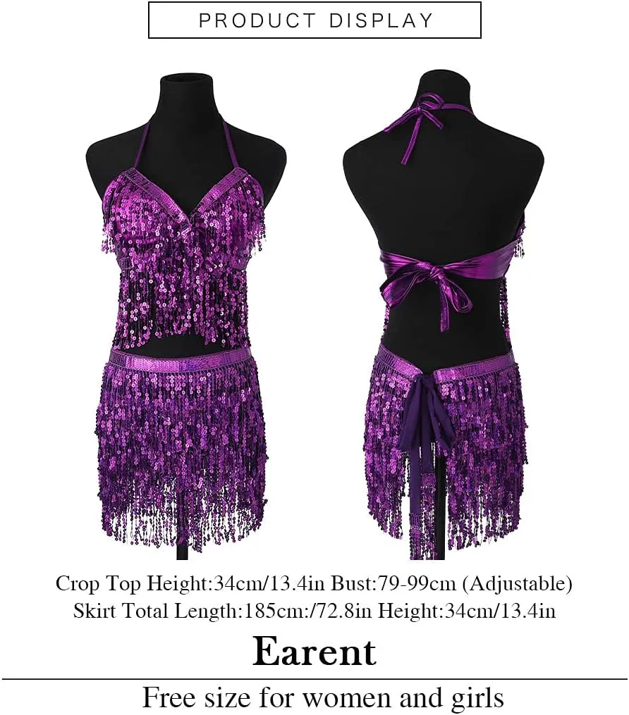 EARENT Belly Dance Sequin Skirt Sparkly Rave Fringe Top Set for Women