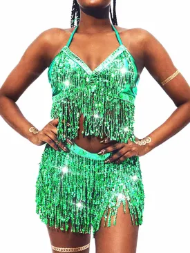 EARENT Belly Dance Sequin Skirt Sparkly Rave Fringe Top Set for Women