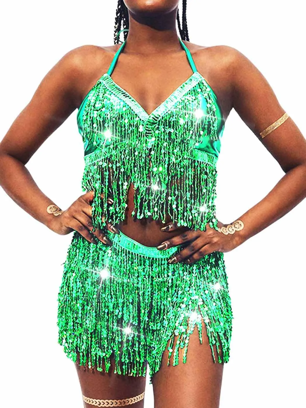 EARENT Belly Dance Sequin Skirt Sparkly Rave Fringe Top Set for Women