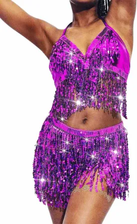 EARENT Belly Dance Sequin Skirt Sparkly Rave Fringe Top Set for Women