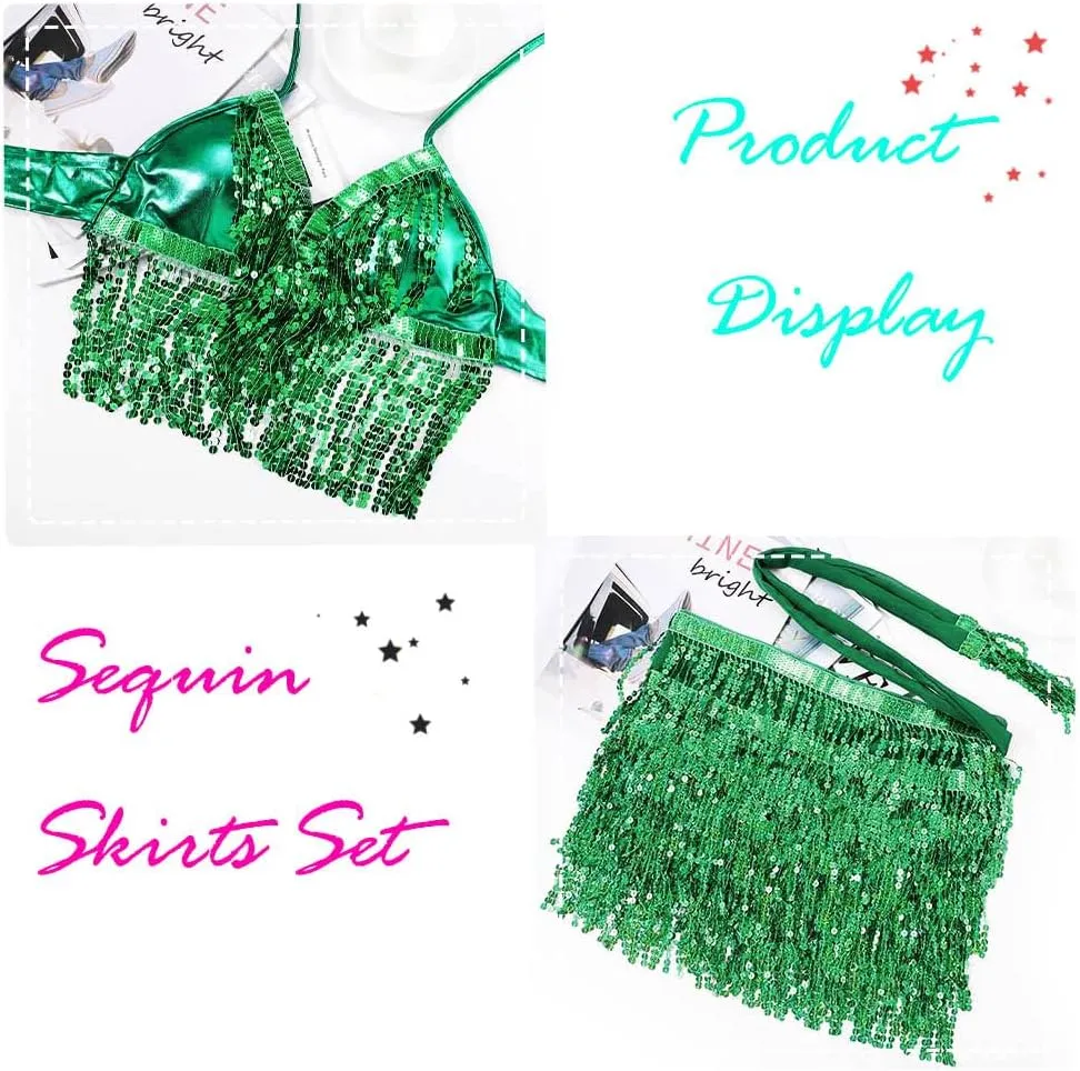 EARENT Belly Dance Sequin Skirt Sparkly Rave Fringe Top Set for Women