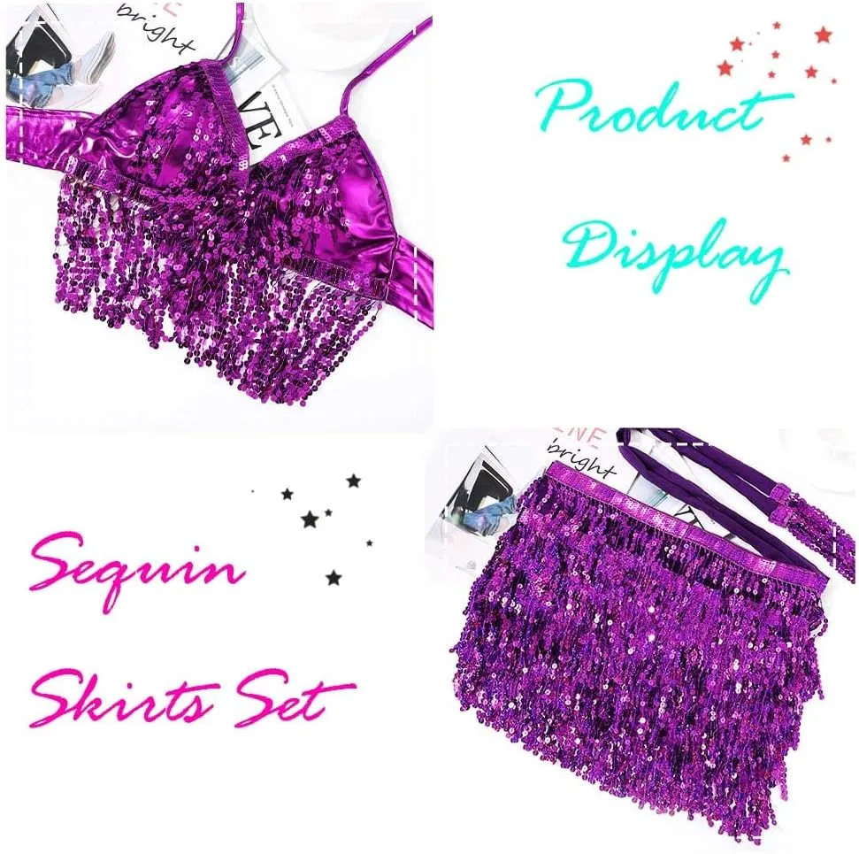 EARENT Belly Dance Sequin Skirt Sparkly Rave Fringe Top Set for Women