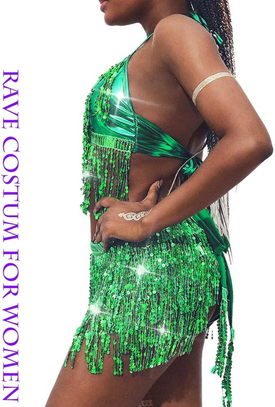 EARENT Belly Dance Sequin Skirt Sparkly Rave Fringe Top Set for Women