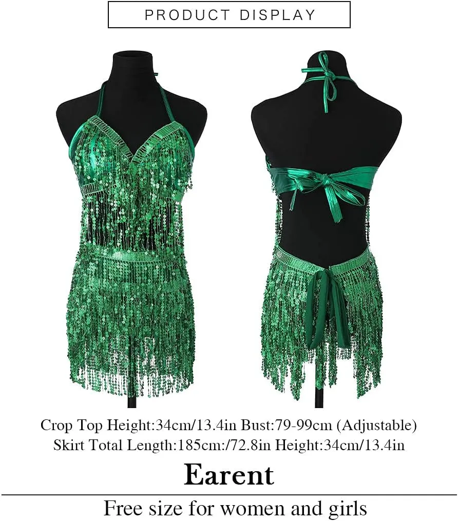 EARENT Belly Dance Sequin Skirt Sparkly Rave Fringe Top Set for Women