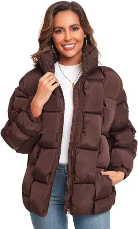 Epsion Womens Winter Casual Puffer Jacket Padded Long Sleeve Full Zipper Stand Collar Pockets Quilted Coats Outwear