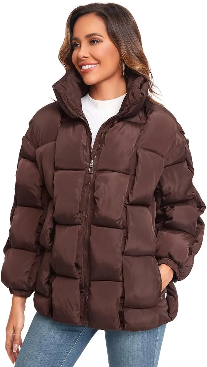 Epsion Womens Winter Casual Puffer Jacket Padded Long Sleeve Full Zipper Stand Collar Pockets Quilted Coats Outwear