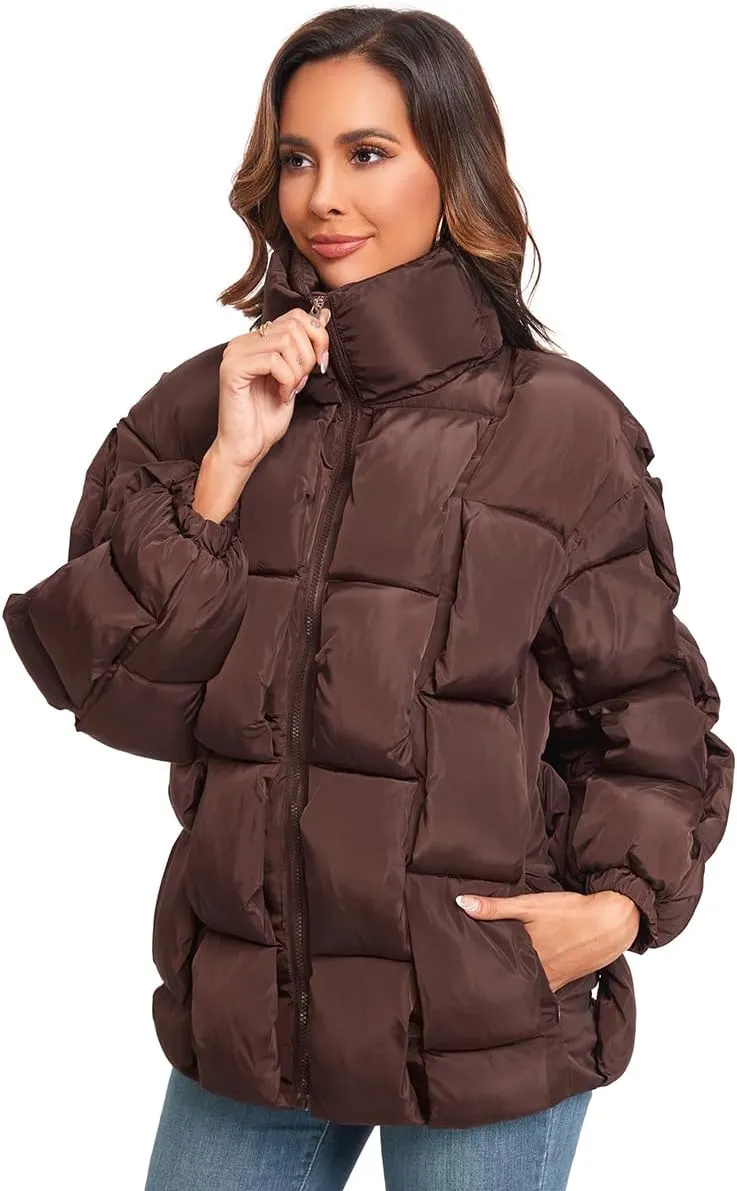 Epsion Womens Winter Casual Puffer Jacket Padded Long Sleeve Full Zipper Stand Collar Pockets Quilted Coats Outwear