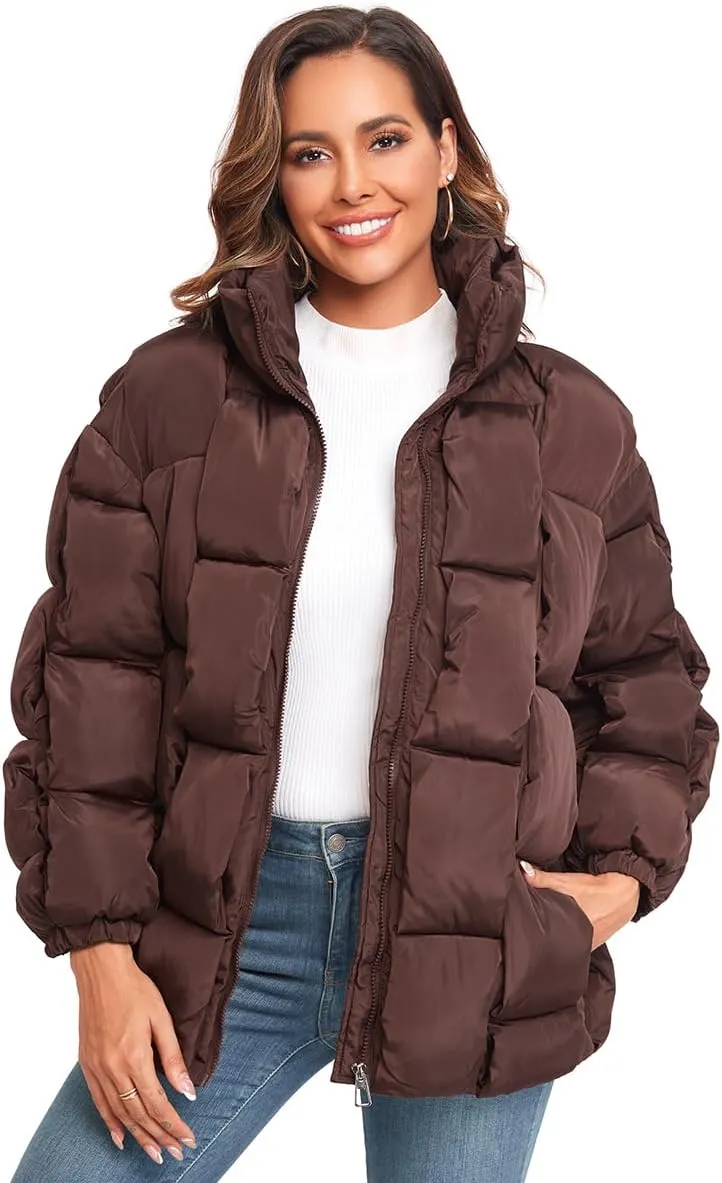 Epsion Womens Winter Casual Puffer Jacket Padded Long Sleeve Full Zipper Stand Collar Pockets Quilted Coats Outwear