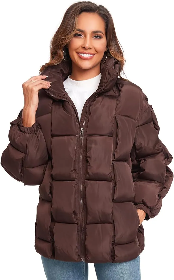 Epsion Womens Winter Casual Puffer Jacket Padded Long Sleeve Full Zipper Stand Collar Pockets Quilted Coats Outwear