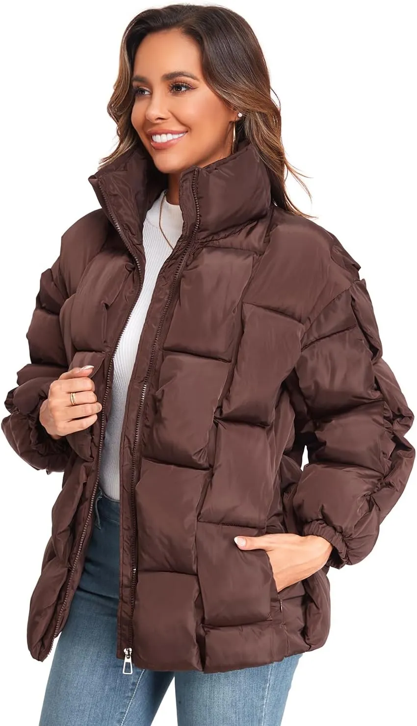 Epsion Womens Winter Casual Puffer Jacket Padded Long Sleeve Full Zipper Stand Collar Pockets Quilted Coats Outwear