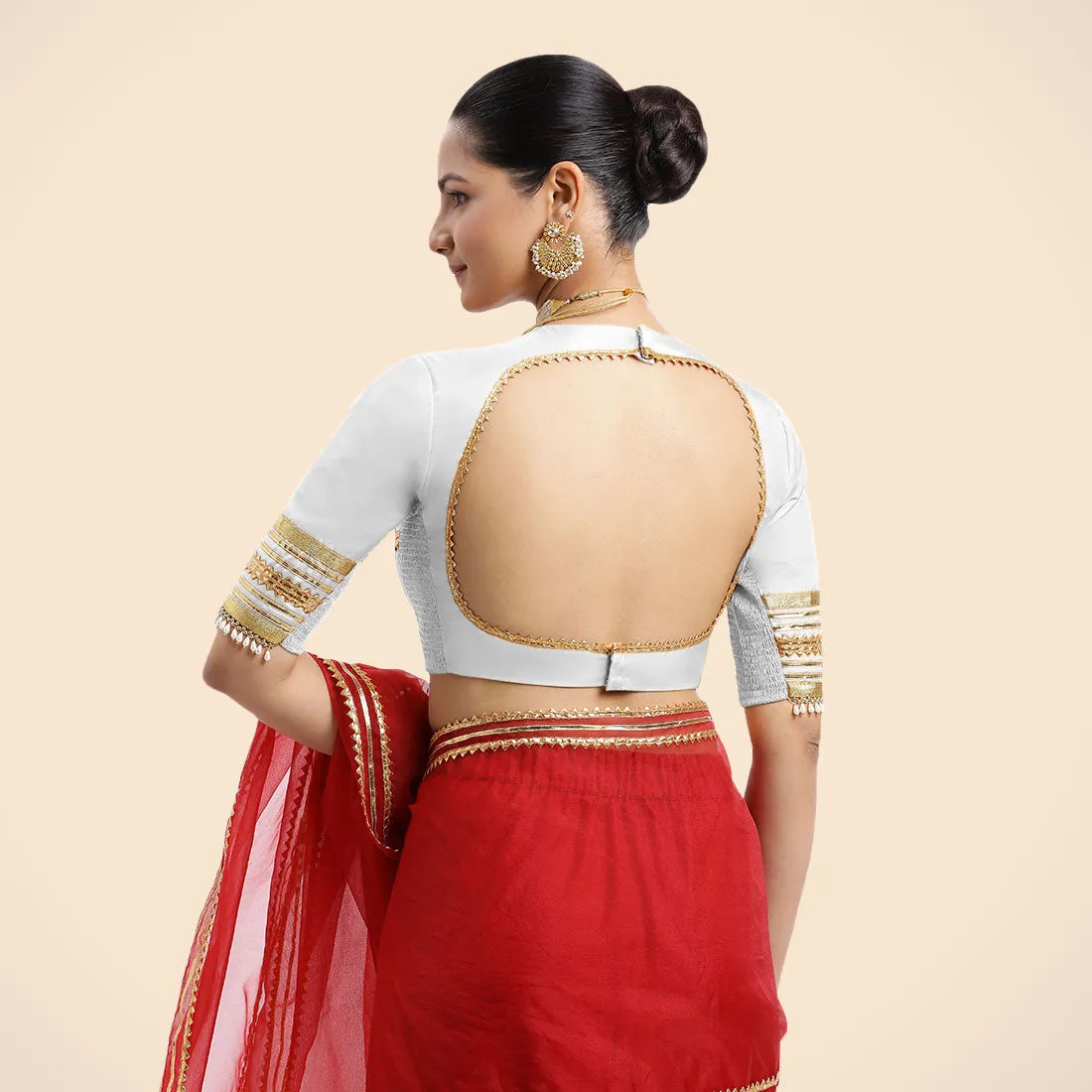 Farheen x Tyohaar | Pearl White Embellished Elbow Sleeves FlexiFit™ Saree Blouse with Zero Neck with Back Cut-Out and Golden Gota Embellishment