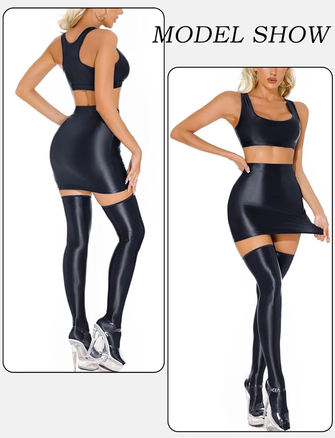 FEOYA Womens Oil Shiny Bodycon Skirts Silky Smooth Pencil Mini Skirts Sexy Glossy Hot Skirts Club Party