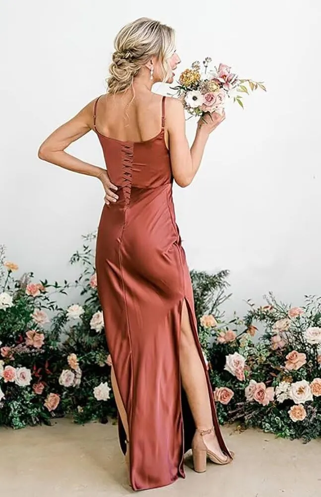 FOOHJMH Satin Bridesmaid Dresses for Women Spathtti Strapless Prom Dress Formal Evening Party Gowns with Slit