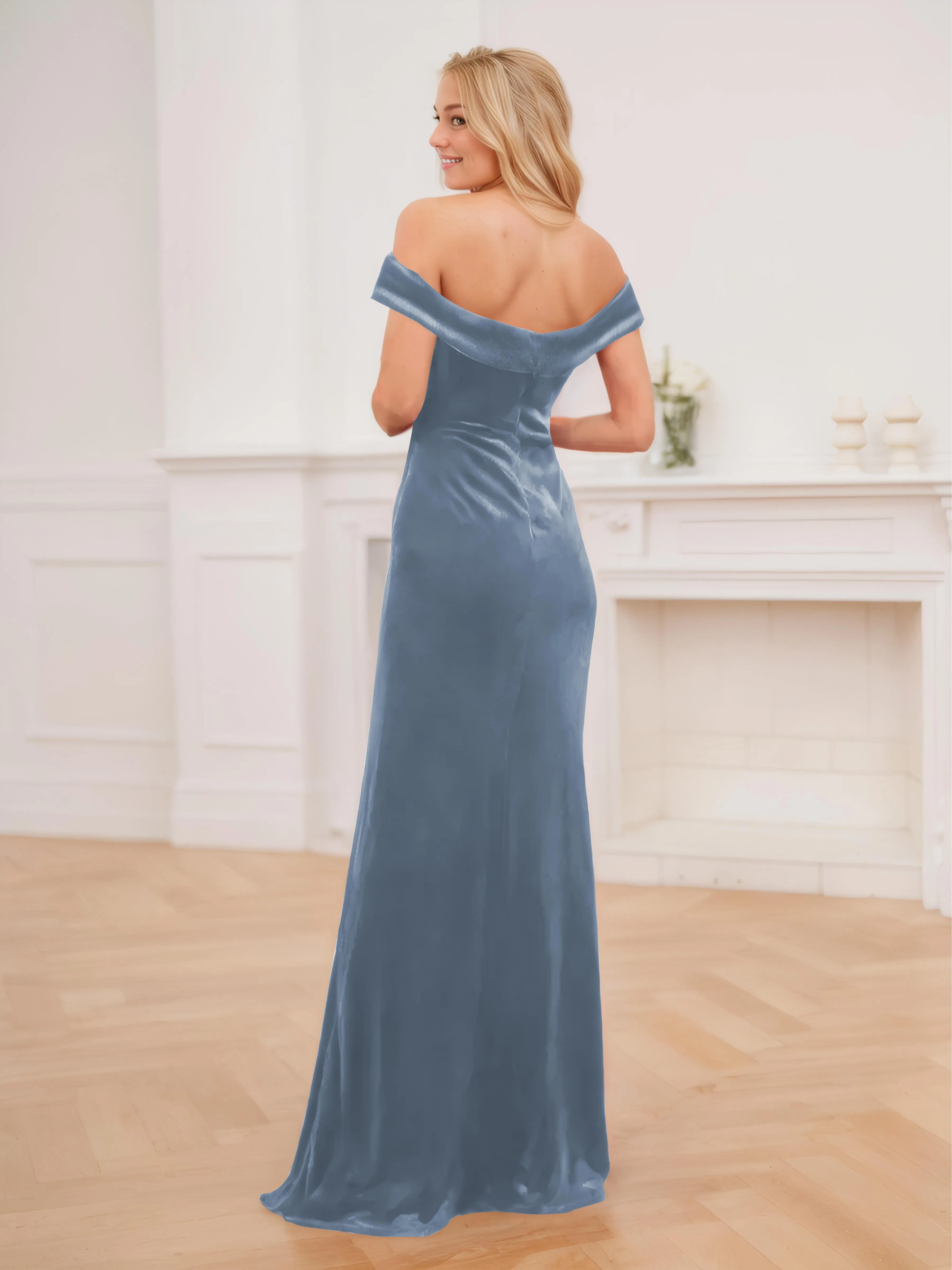 Frankie Gorgeous Off The Shoulder Floor Length Velvet Bridesmaid Dresses