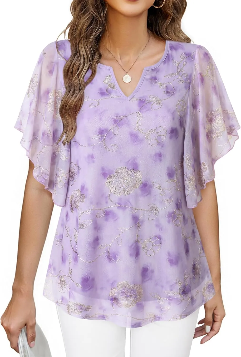 Furnex Women's Short Sleeve Tops Dressy Casual V Neck Double Layers Blouses Floral Mesh Tunics Tops