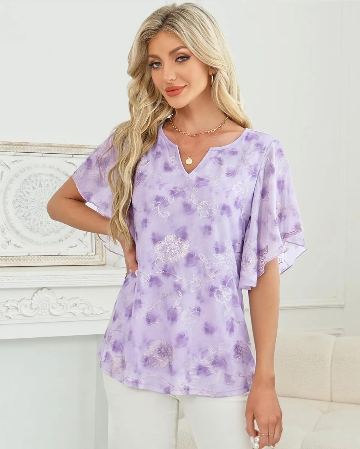 Furnex Women's Short Sleeve Tops Dressy Casual V Neck Double Layers Blouses Floral Mesh Tunics Tops