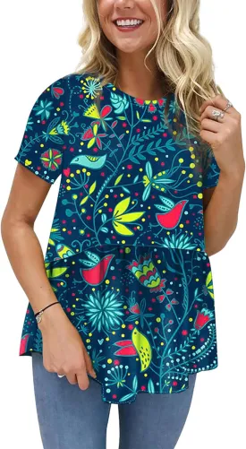 Hibluco Women's Summer Tops Short Sleeve Round Neck Floral Print Shirt Tunic Blouse