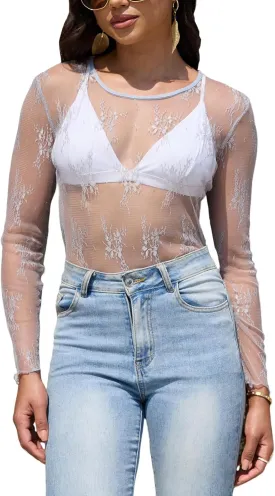 Lace Tops for Women Mesh Long Sleeve Top Crew Neck Sheer Blouse Sexy See Through Layering Shirts Outfits