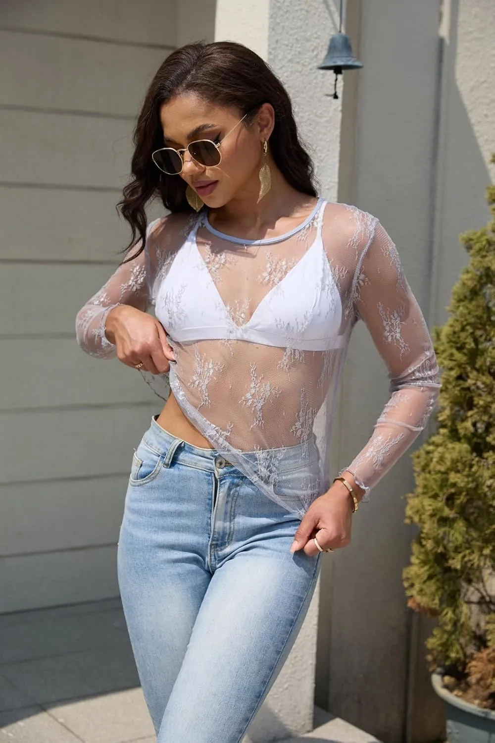 Lace Tops for Women Mesh Long Sleeve Top Crew Neck Sheer Blouse Sexy See Through Layering Shirts Outfits