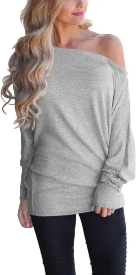 Lacozy Women's Off Shoulder Long Sleeve Oversized Pullover Sweater Knit Jumper Loose Tunic Tops