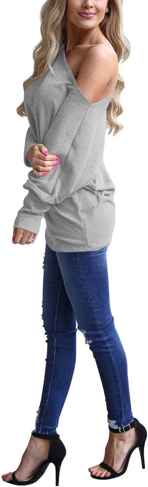 Lacozy Women's Off Shoulder Long Sleeve Oversized Pullover Sweater Knit Jumper Loose Tunic Tops