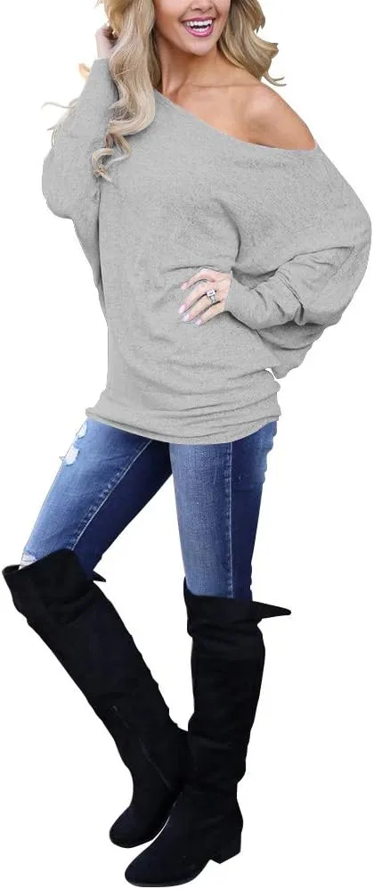Lacozy Women's Off Shoulder Long Sleeve Oversized Pullover Sweater Knit Jumper Loose Tunic Tops