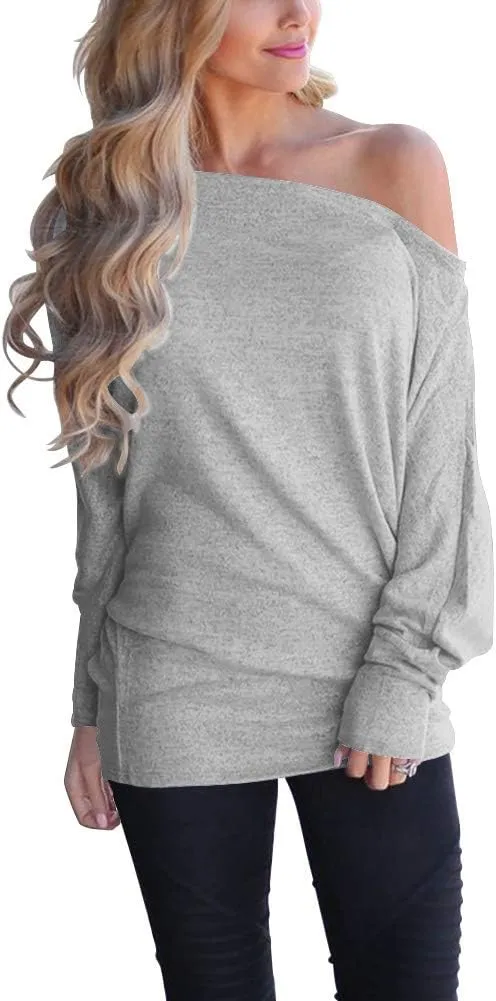 Lacozy Women's Off Shoulder Long Sleeve Oversized Pullover Sweater Knit Jumper Loose Tunic Tops