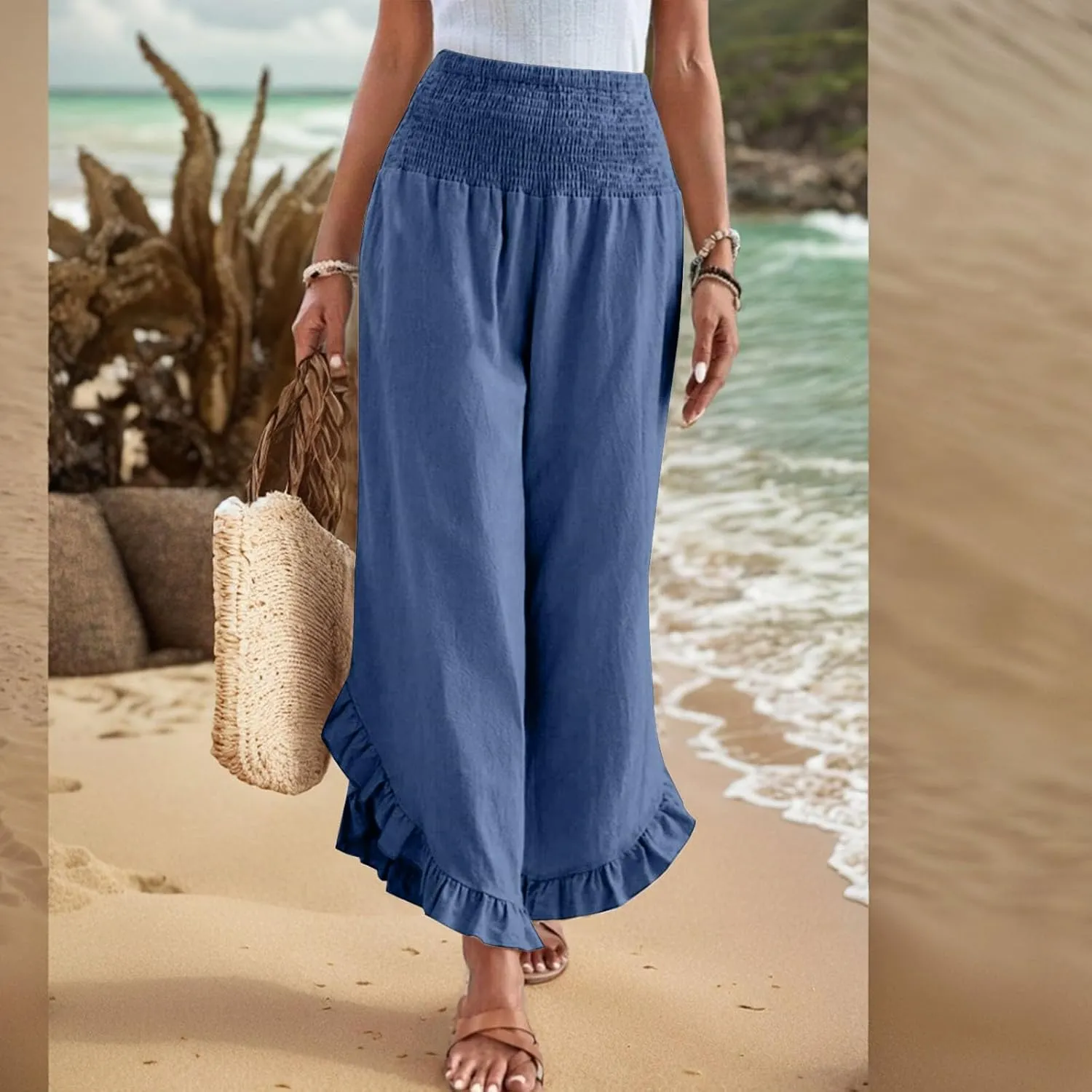Linen Pants Women Summer Wide Leg Smocked Waist Ruffle Hem Palazzo Pants Boho Flowy Beach Vacation Pant with Pockets