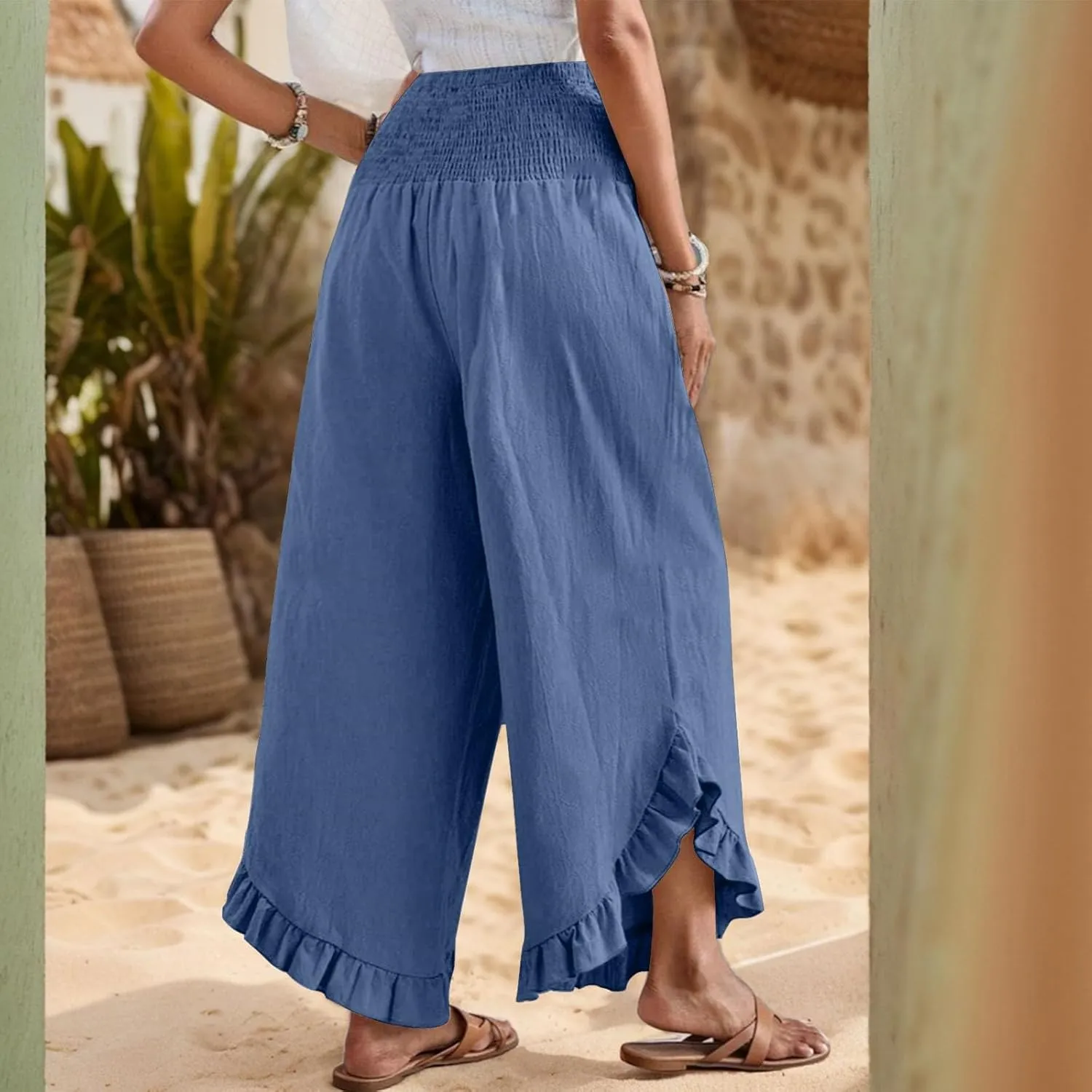 Linen Pants Women Summer Wide Leg Smocked Waist Ruffle Hem Palazzo Pants Boho Flowy Beach Vacation Pant with Pockets