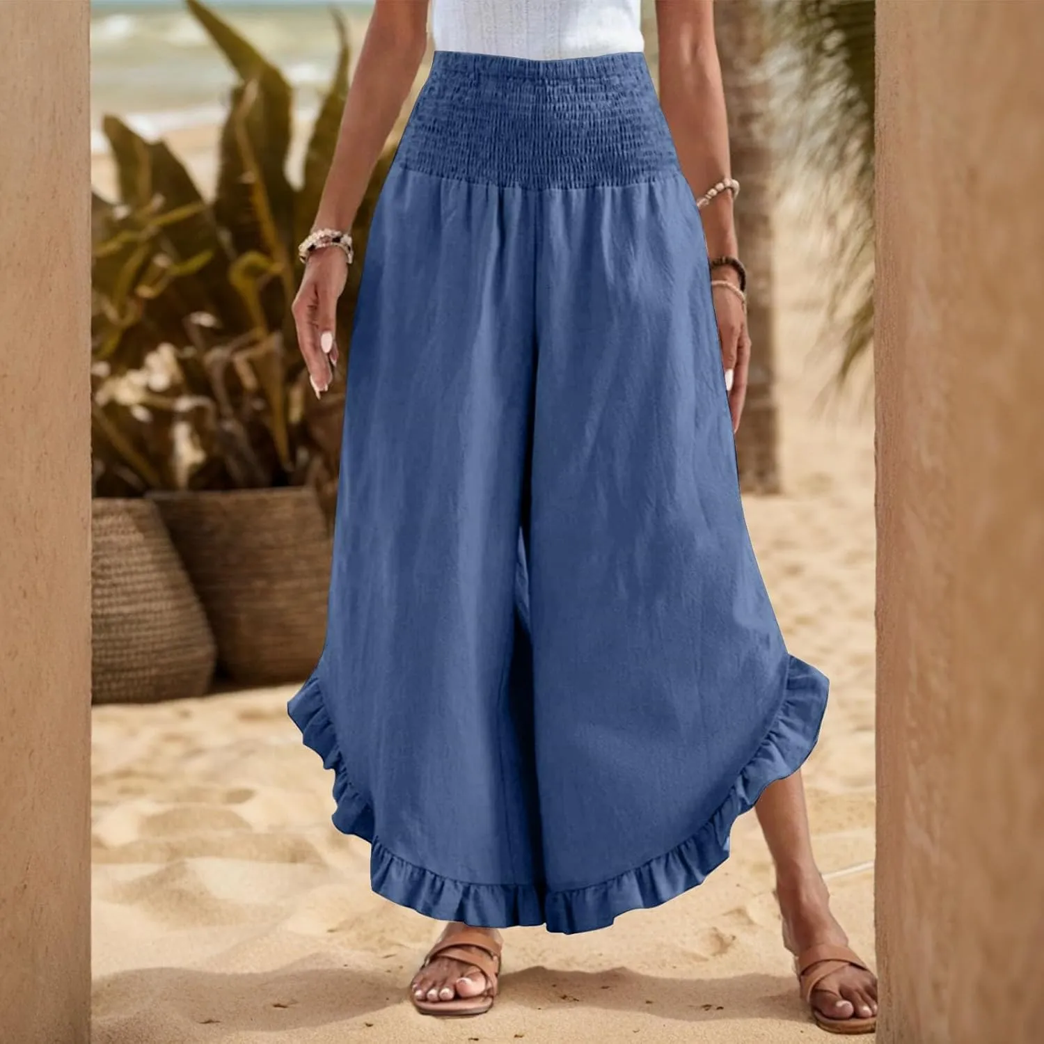 Linen Pants Women Summer Wide Leg Smocked Waist Ruffle Hem Palazzo Pants Boho Flowy Beach Vacation Pant with Pockets