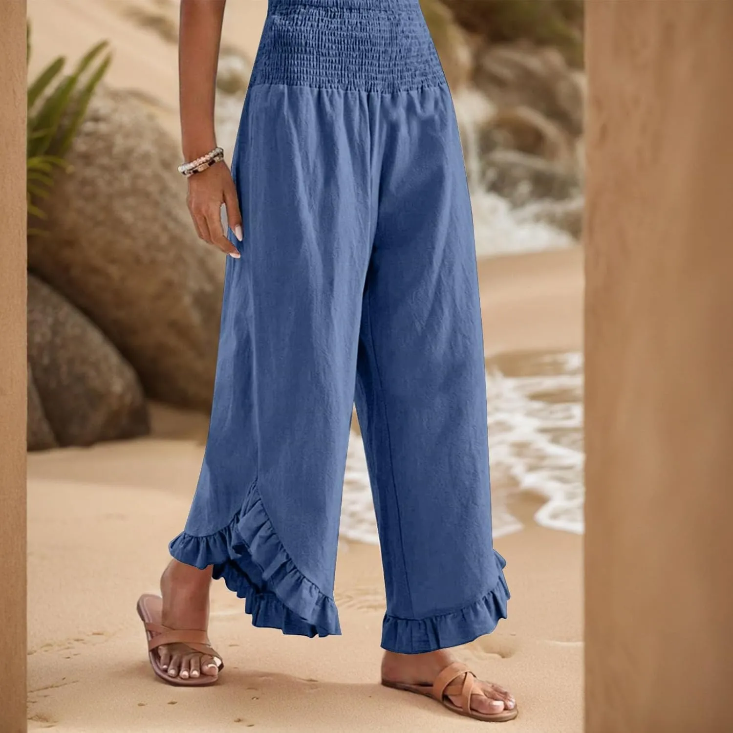 Linen Pants Women Summer Wide Leg Smocked Waist Ruffle Hem Palazzo Pants Boho Flowy Beach Vacation Pant with Pockets