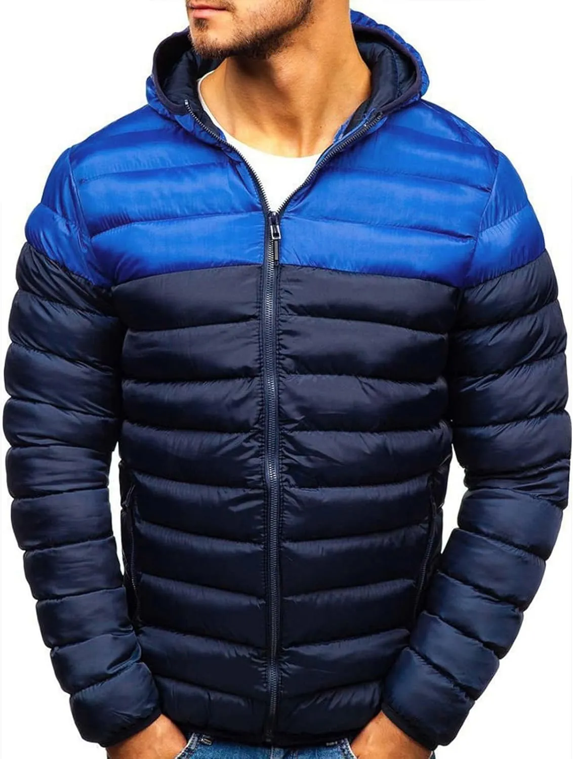 Mens Color Block Puffer Jacket Lightweight Packable Down Coat Zip up Quilted Jacket Padded Insulated Coat Winter Coats