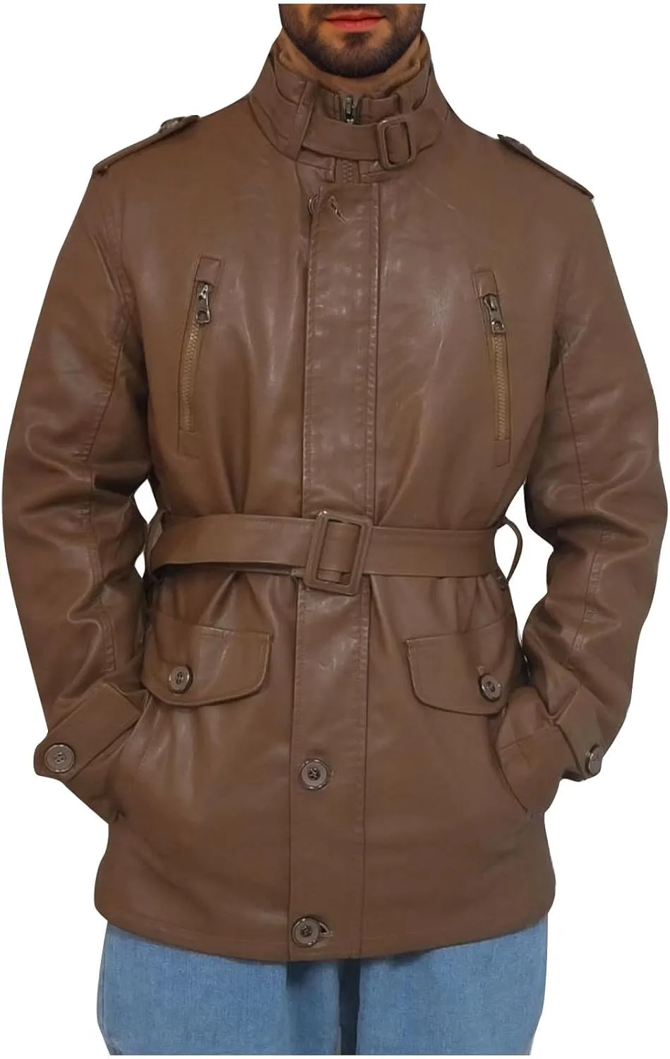 Men's Long Leather Jacket Fleece Lined Winter Coats Moto Biker Windbreaker Overcoat with Zipper Pockets