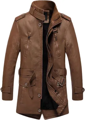 Men's Long Leather Jacket Fleece Lined Winter Coats Moto Biker Windbreaker Overcoat with Zipper Pockets