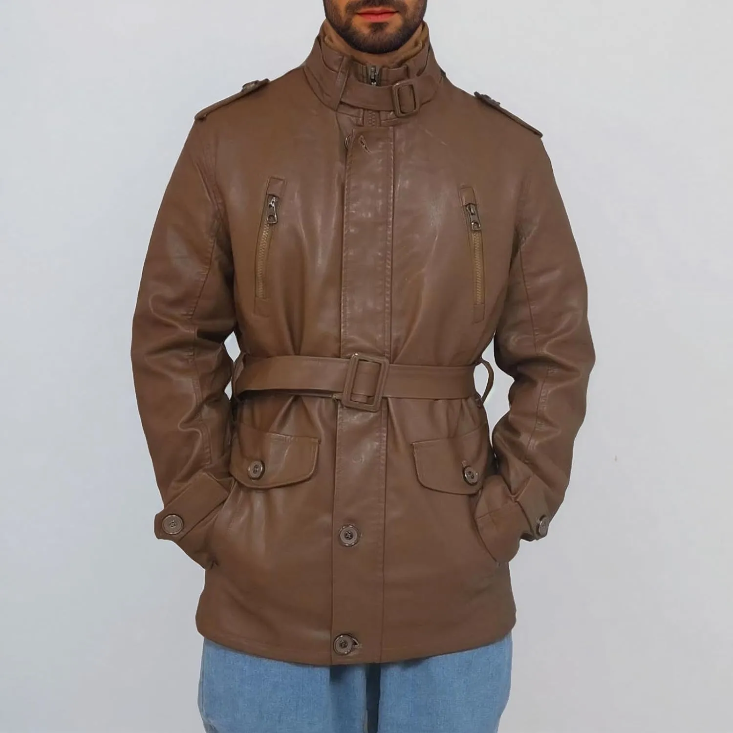 Men's Long Leather Jacket Fleece Lined Winter Coats Moto Biker Windbreaker Overcoat with Zipper Pockets