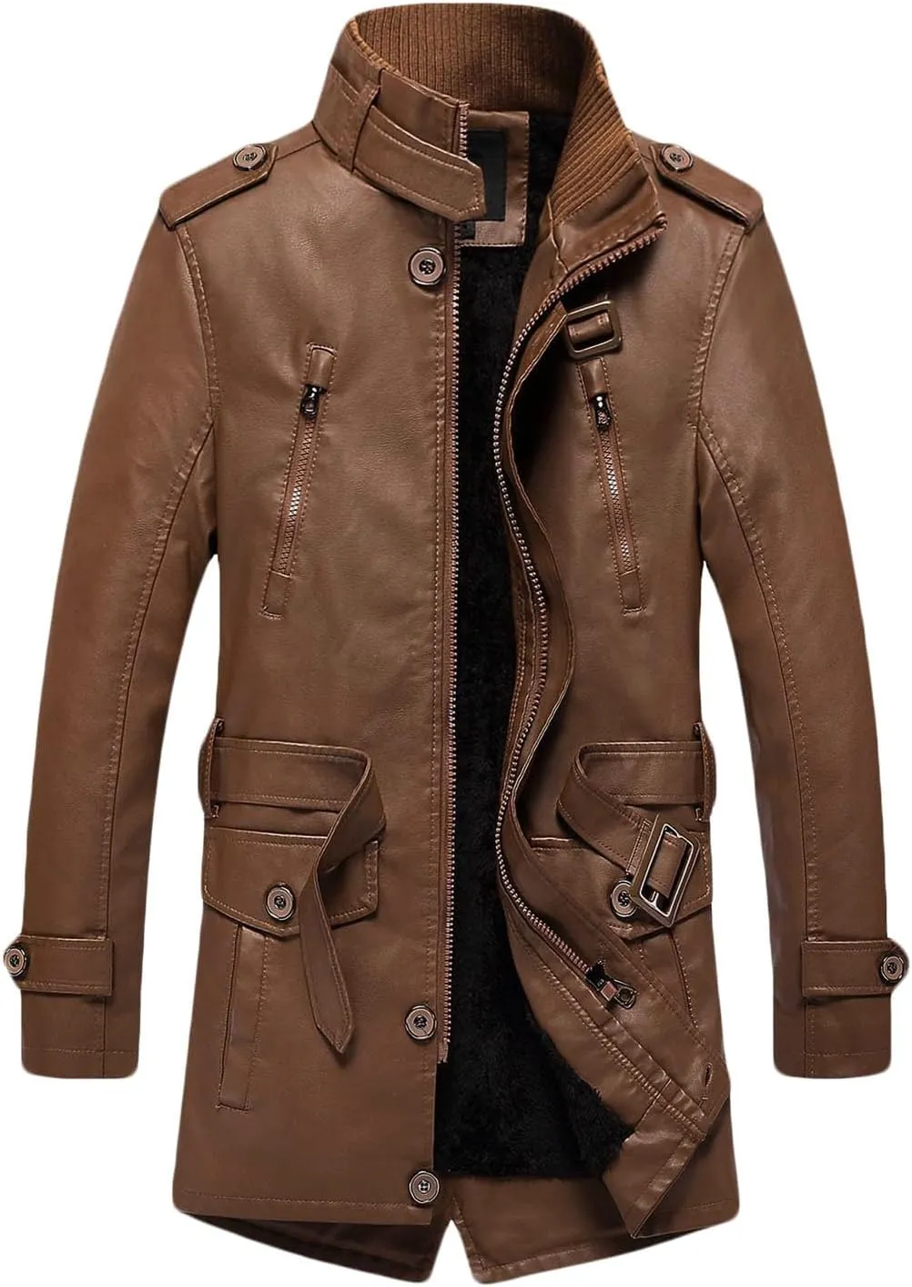 Men's Long Leather Jacket Fleece Lined Winter Coats Moto Biker Windbreaker Overcoat with Zipper Pockets