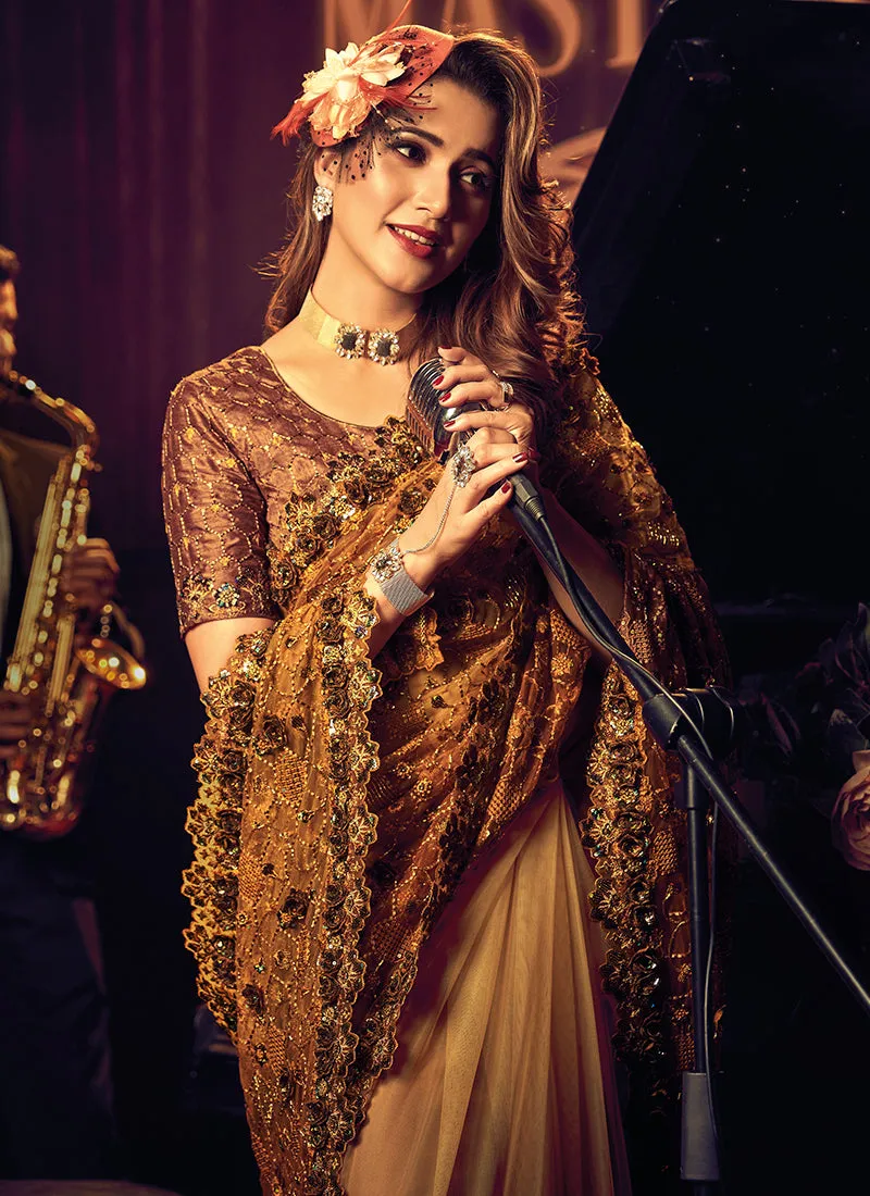 Mustard Yellow Appliqué And Sequence Embroidery Partywear Saree