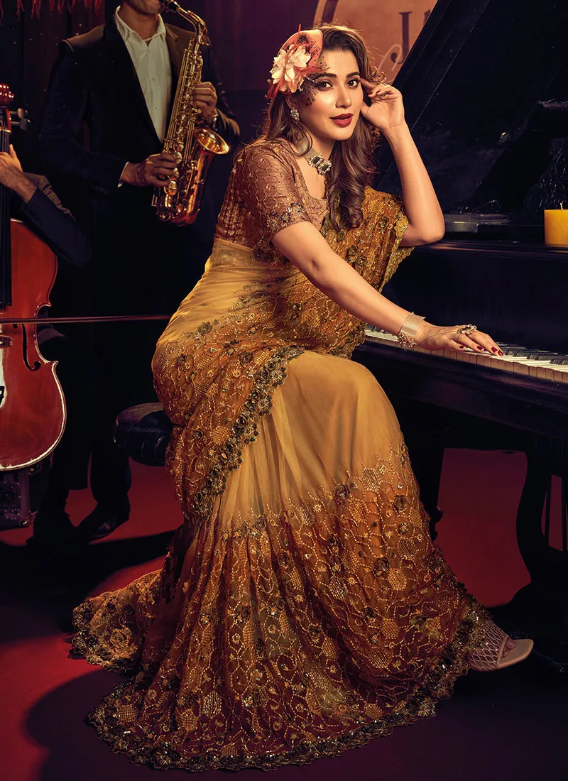 Mustard Yellow Appliqué And Sequence Embroidery Partywear Saree