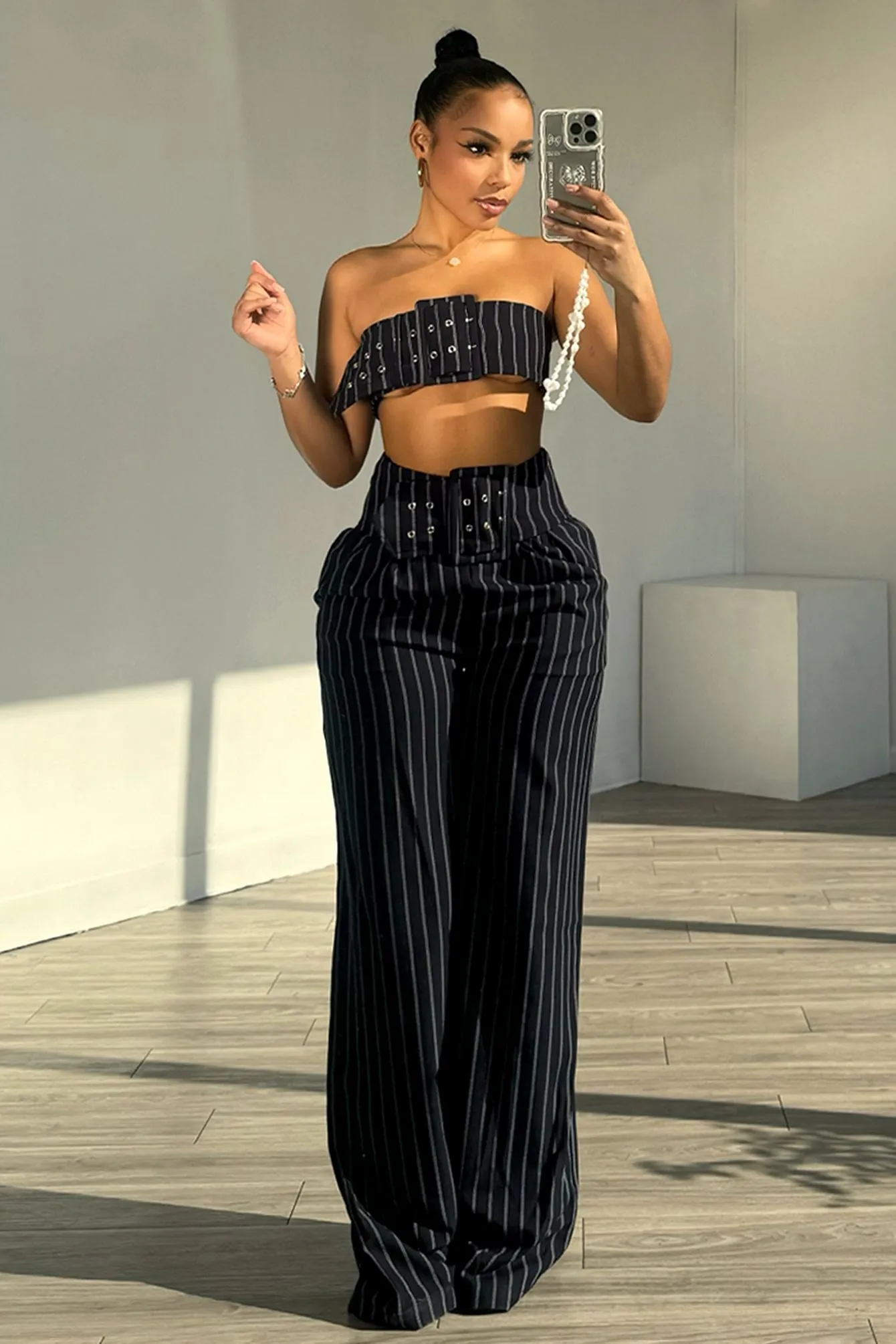 Never Serious Pinstripe Belt Tube Top & Pants SET