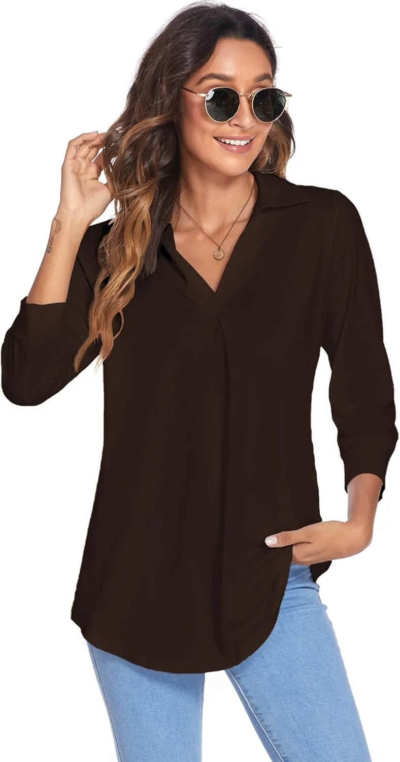 Newchoice Womens Collared V Neck 3/4 Sleeve Shirts Business Casual Tops Loose Work Blouses (S-3XL)