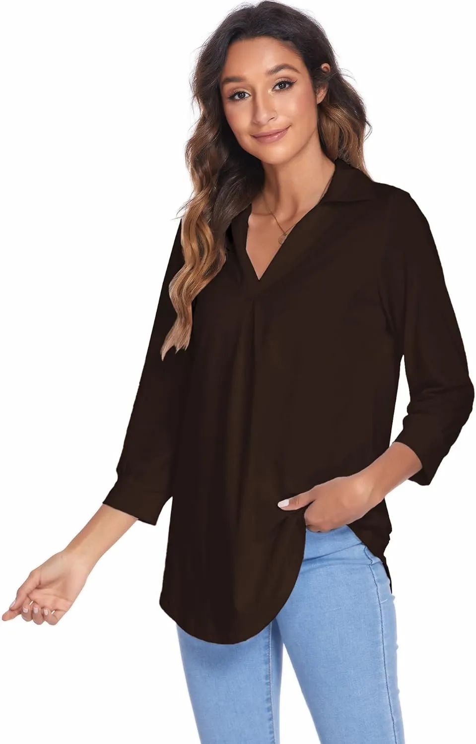 Newchoice Womens Collared V Neck 3/4 Sleeve Shirts Business Casual Tops Loose Work Blouses (S-3XL)