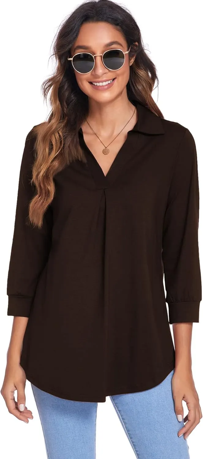 Newchoice Womens Collared V Neck 3/4 Sleeve Shirts Business Casual Tops Loose Work Blouses (S-3XL)