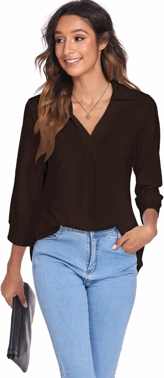 Newchoice Womens Collared V Neck 3/4 Sleeve Shirts Business Casual Tops Loose Work Blouses (S-3XL)