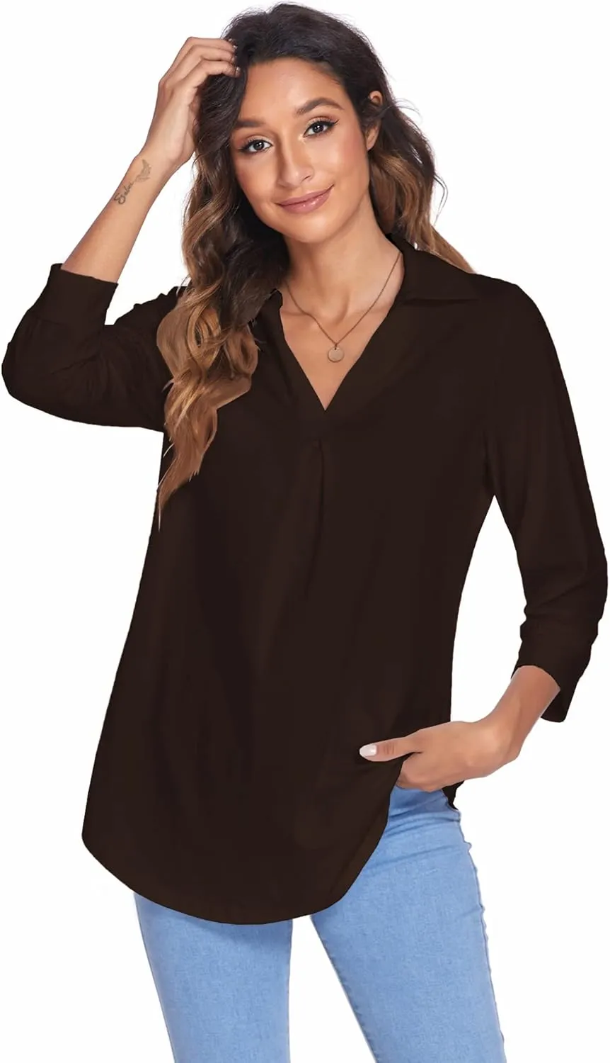 Newchoice Womens Collared V Neck 3/4 Sleeve Shirts Business Casual Tops Loose Work Blouses (S-3XL)