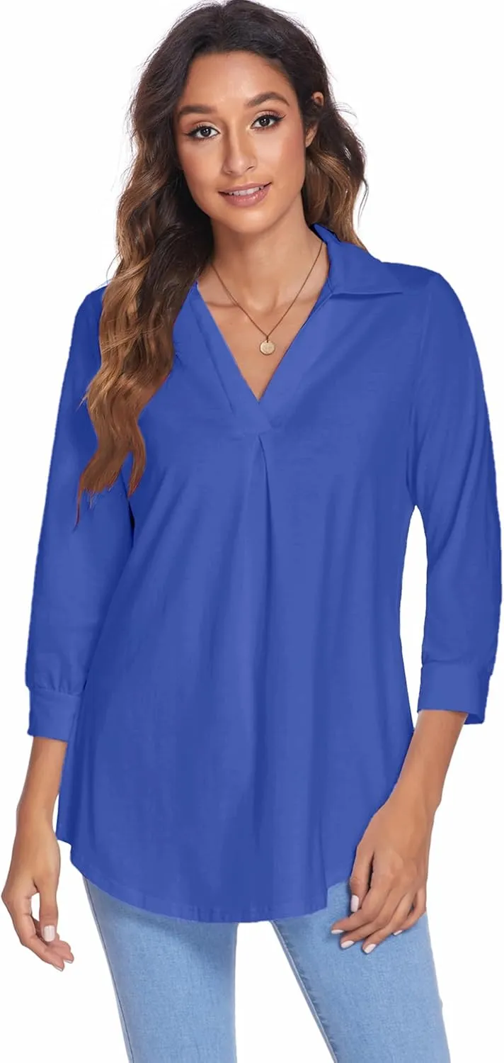Newchoice Womens Collared V Neck 3/4 Sleeve Shirts Business Casual Tops Loose Work Blouses (S-3XL)