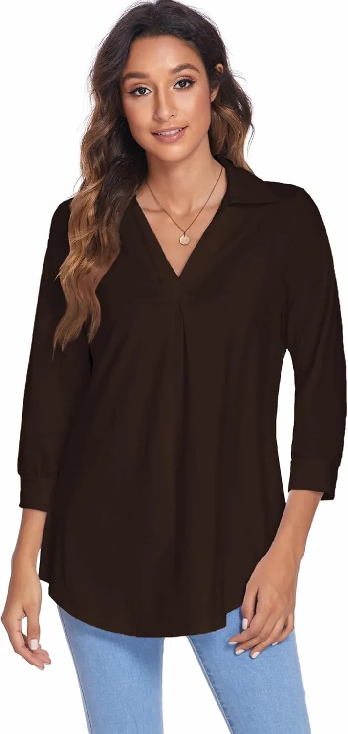Newchoice Womens Collared V Neck 3/4 Sleeve Shirts Business Casual Tops Loose Work Blouses (S-3XL)