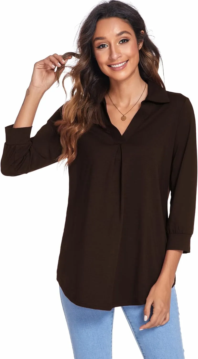 Newchoice Womens Collared V Neck 3/4 Sleeve Shirts Business Casual Tops Loose Work Blouses (S-3XL)
