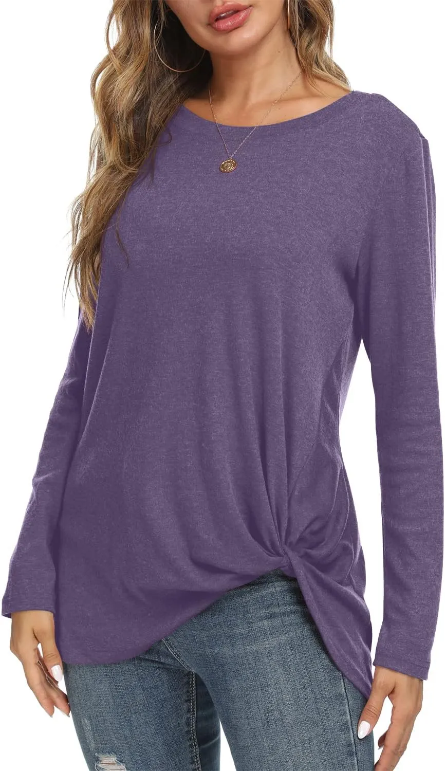 NILOUFO Womens Long Sleeve Shirts Casual Blouses Trendy Twist Knot Tunics Tops for Leggings