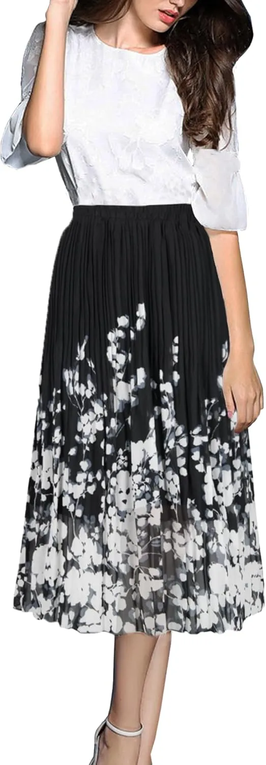 OBBUE Women's Chiffon Pleated Skirts Elastic High Waist A-line Midi Skirts for Casual Party Holiday