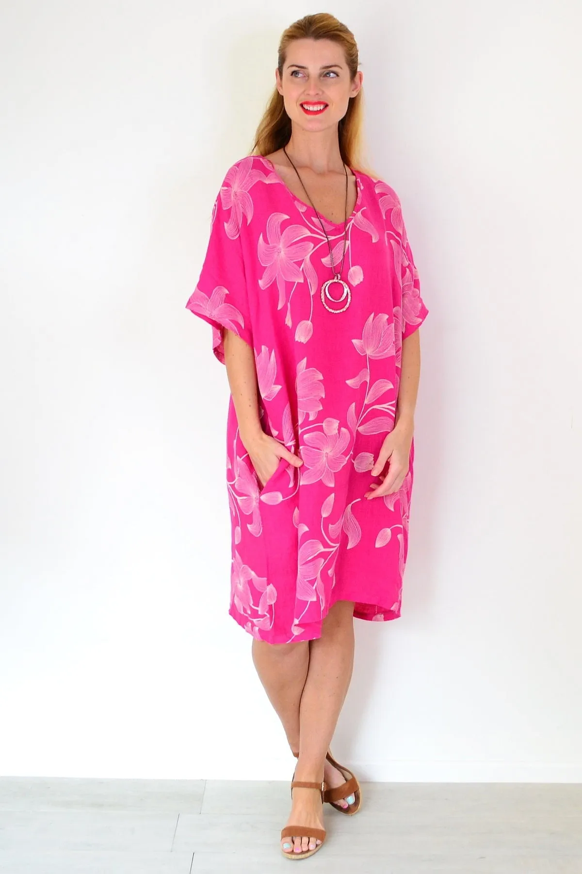 Pink Embroidery Print Linen Dress